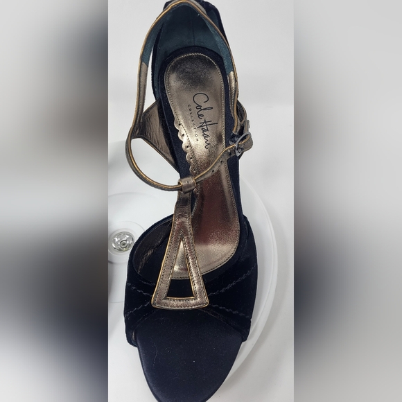 Cole Haan Black Velvet & Brassy Gold Open Toe Stilletto T-Strap Heels - Picture 3 of 16